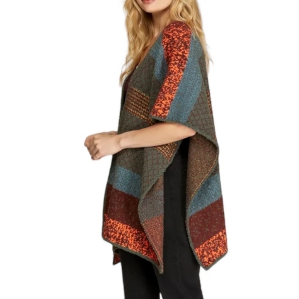Colorful Chenille Open Side Poncho Caridgan Sweater S/M Boho Fall Colors - Picture 2 of 8